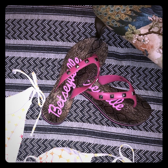 Betsey Johnson Shoes - Betseyville snakeskin & stud flip flops